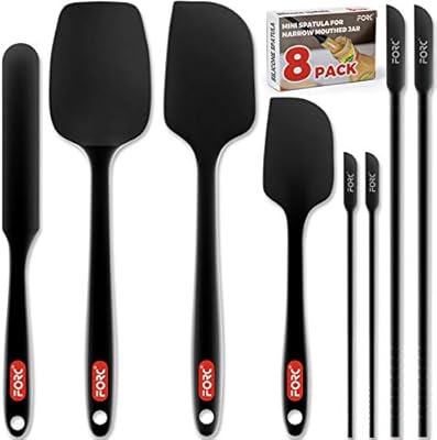 Forc Silicone Spatula Set of 8 include 4 Mini Spatulas, Heat Resistant Rubber Spatula Kitchen Utensils, One Piece Design with Stainless Steel Core, Kitchen Spatulas for Nonstick Cookware, Black